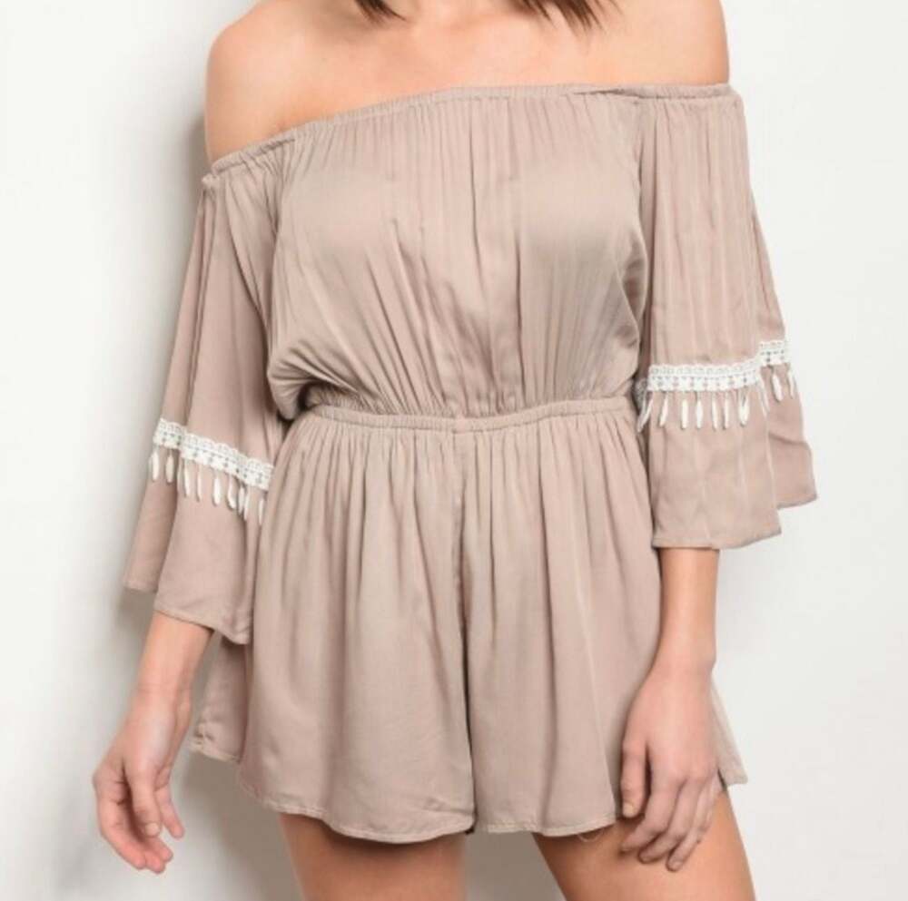 Entourage Taupe Off The Shoulder Boho Romper with Lace Tassel Sleeves